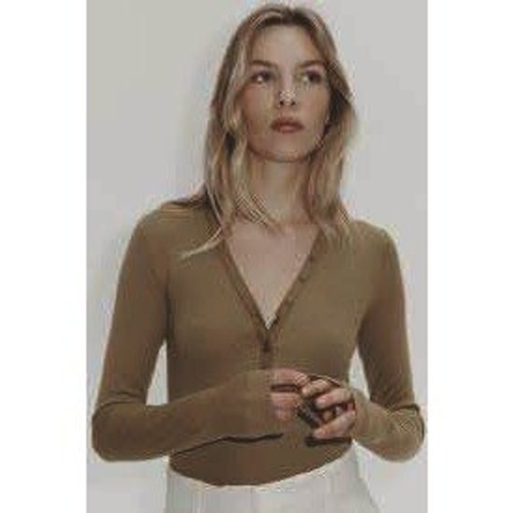 Out From Under snap henley ultra light brown vneck feminine layering minimal sm